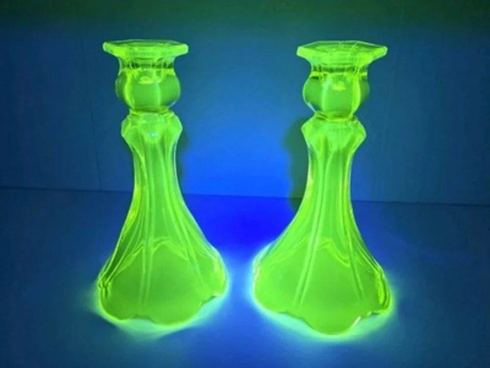 Vaseline Uranium Glass Candlestick Pair 